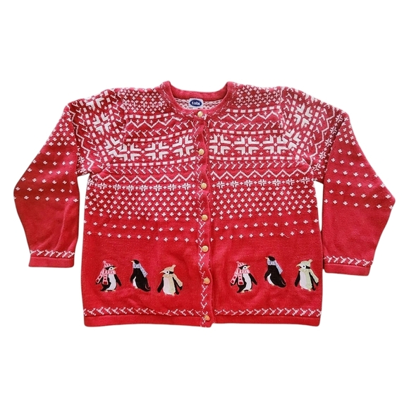 Vintage Holiday Cardigan Women XL Red Sweater Penguin Scandinavian Nordic - Picture 2 of 13